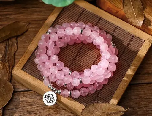 Crystal Quartz Prayer Bracelet with Lotus Charm