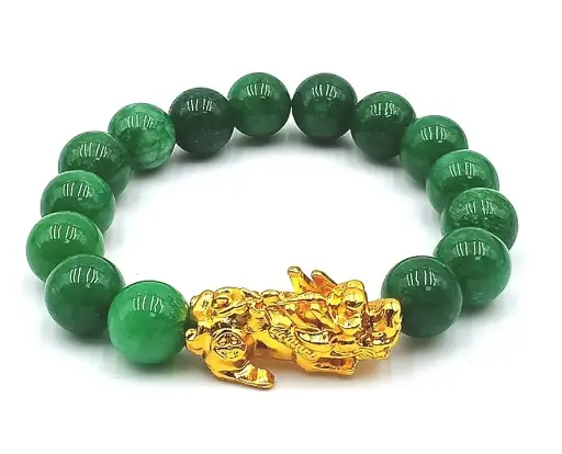 Jade Bead Bracelet with Gold-Plated Auspicious Charm