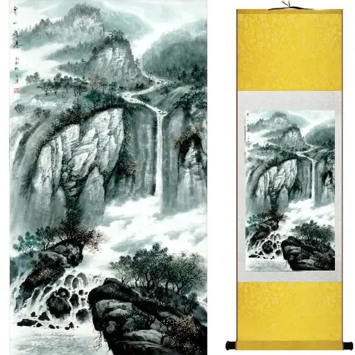 Silk Wall Scroll – Mountain Landscape Painting